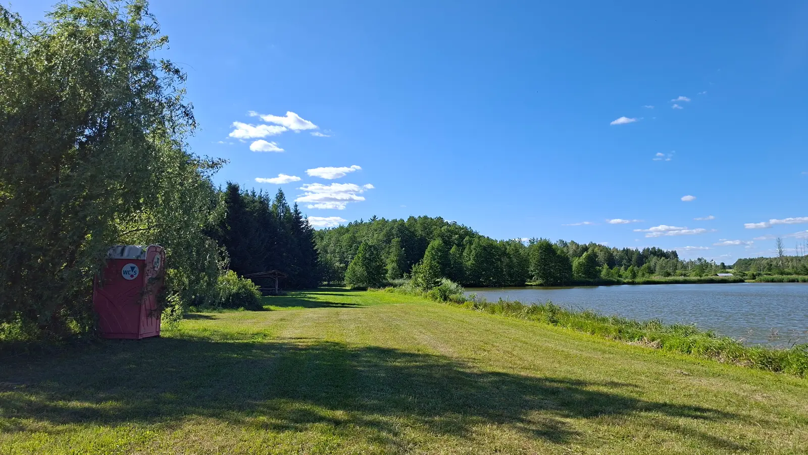 Zdjęcie o proporcjach 16:9 przedstawia malowniczy krajobraz wiejski nad jeziorem w słoneczny dzień z bezchmurnym, błękitnym niebem. Na pierwszym planie, po lewej stronie pod rozłożystym drzewem, znajduje się przenośna czerwona toaleta typu toi-toi z widocznym logotypem „WC”. Środek kadru zajmuje rozległa, zielona polana prowadząca w stronę gęstego lasu mieszanego, który otacza brzeg zbiornika wodnego. Po prawej stronie widać spokojną taflę jeziora oraz pas trzcin porastających linię brzegową, co nadaje kompozycji głębi. Całość utrzymana jest w jasnej, letniej kolorystyce, podkreślającej rekreacyjny charakter tego miejsca wypoczynku na łonie natury.